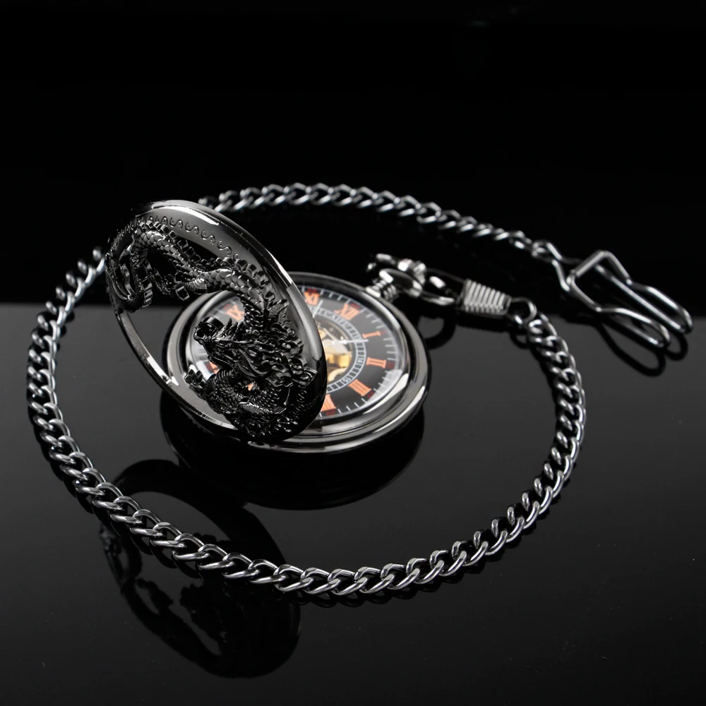 Antique Black Chinese Flying Dragon Steampunk Mechanical Pocket Watch Vintage Gentleman Analog Signal Clock Women Jewelry Gift