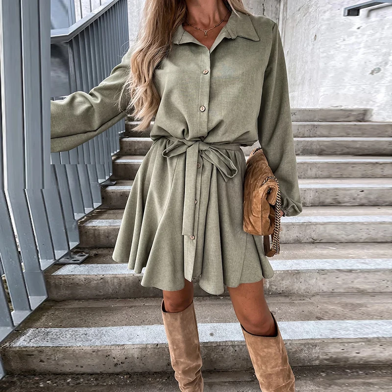 

Casual Ladies Autumn Solid Color Pleated Mini Dress Fashion Lapel Long Sleeve Button Shirt Dress Women Loose Simple Party Dress