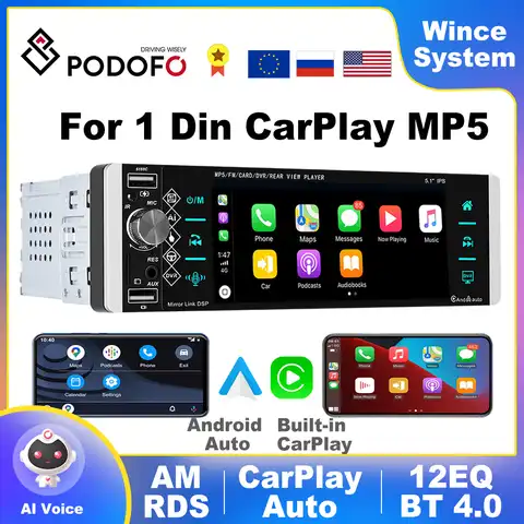 Автомагнитола Podofo 1 Din CarPlay MP5, 5,1 дюйма, Android, автомобильный стереоприемник с голосовым ии, MP3, автомобильный мультимедийный плеер с Bluetooth, FM, RDS