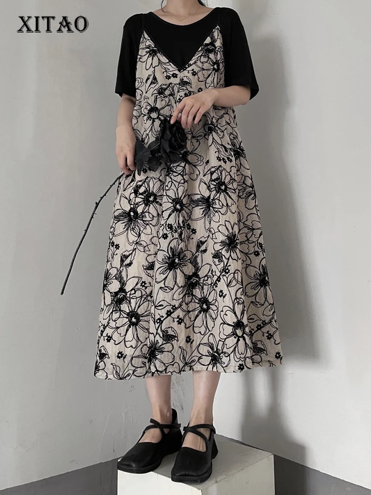 

XITAO Print Casual Slip Dress Women Korea 2022 Summer New Arrival Personality Fashion Loose V-neck Sleeveless Slip Dress WMD6238