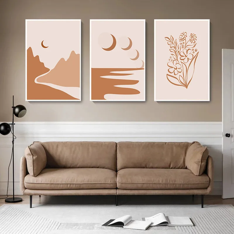 

Abstract Moon and Flowers Canvas Painting Mountain Landscape Wall Art Plant Leaf Posters Living Room Decoration Home Decor