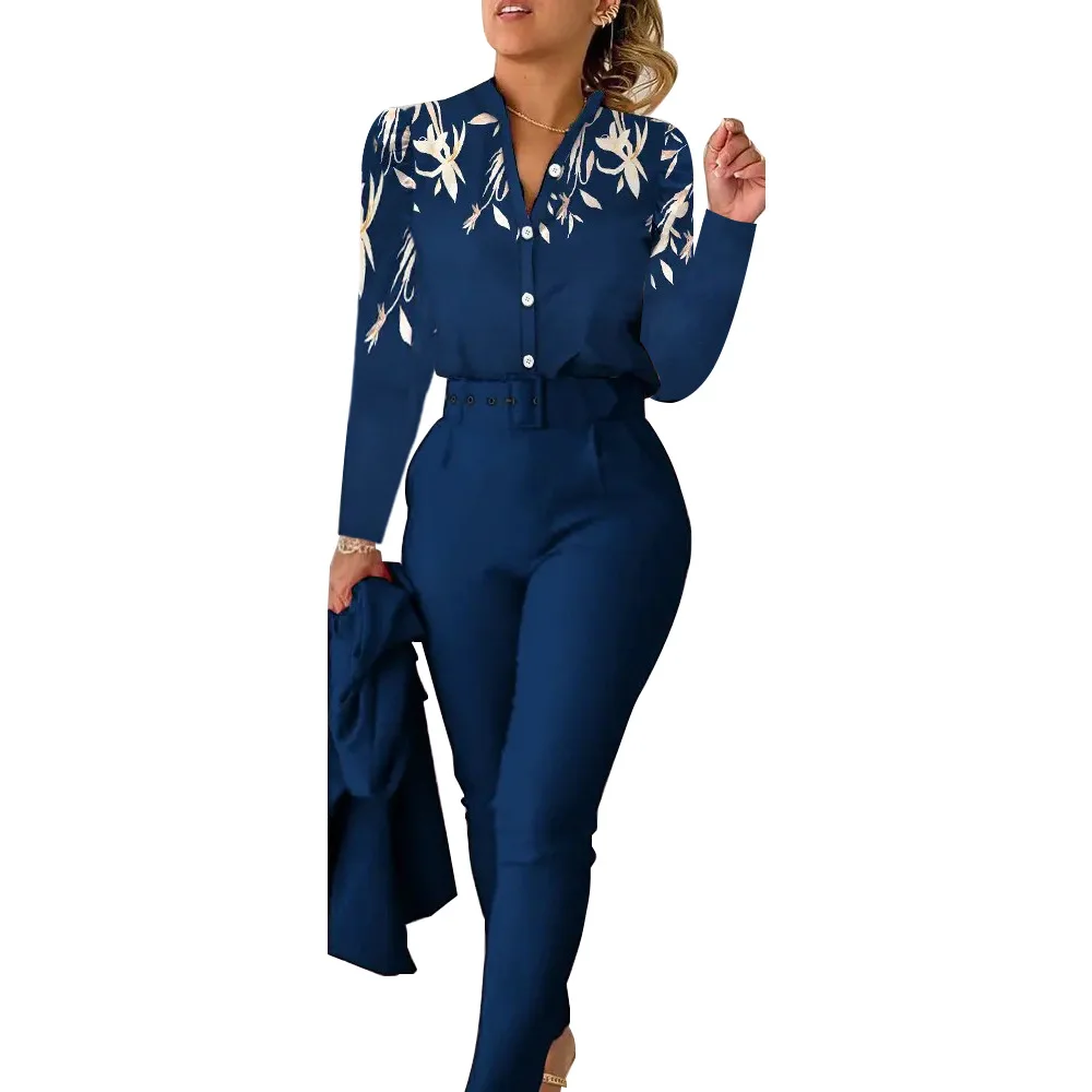 

Fashion Casual Women Pants Set Female 2PCS Outfits Girl's Long Sleeve Shirt Belt Pants Suit Lady's Two Piece Sets