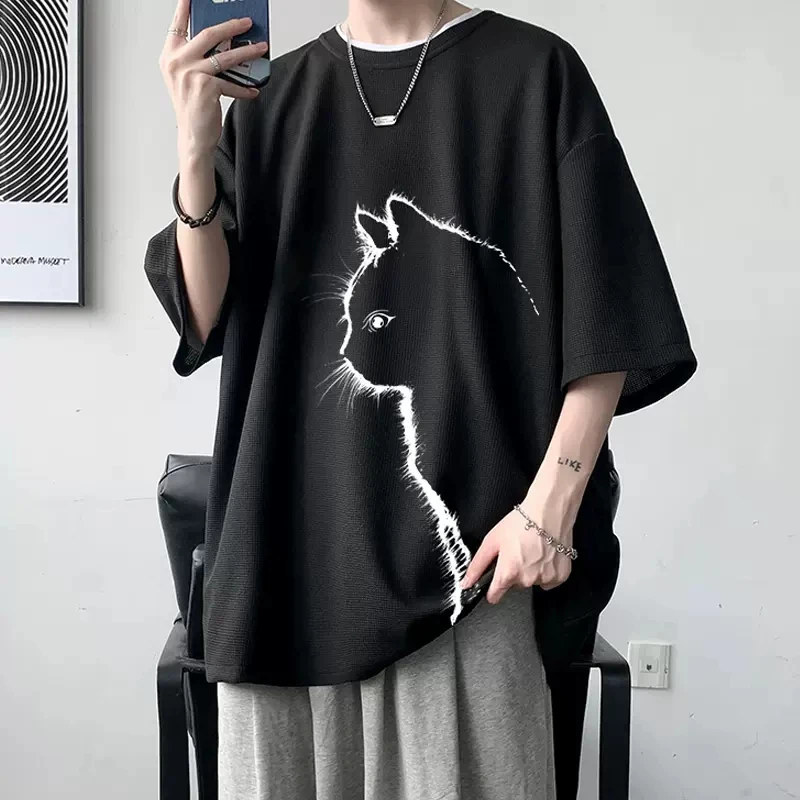 

Футболка мужская с принтом кошки, модная однотонная простая майка из 100% хлопка, топ с короткими рукавами и принтом медведя, лето