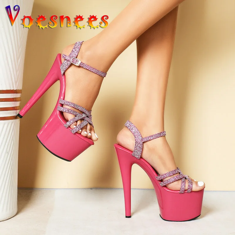 

17CM Women Sequin Sandals Summer Hollow Out Party Shoes 2023 New Gladiator High Heels Nightclub Ladies Footwear Plus Size 34-43