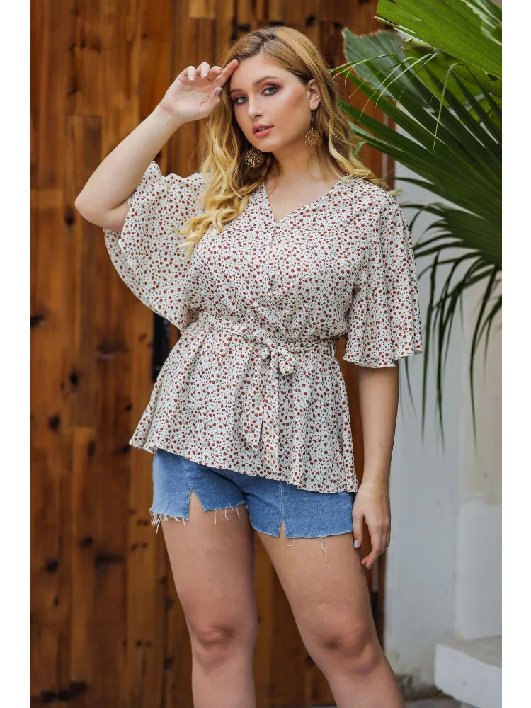 New Fashion Short Sleeve Small Fresh Shirt Women's Dot V-Neck Polka Dot Large Top plus size feminino  t-shirts