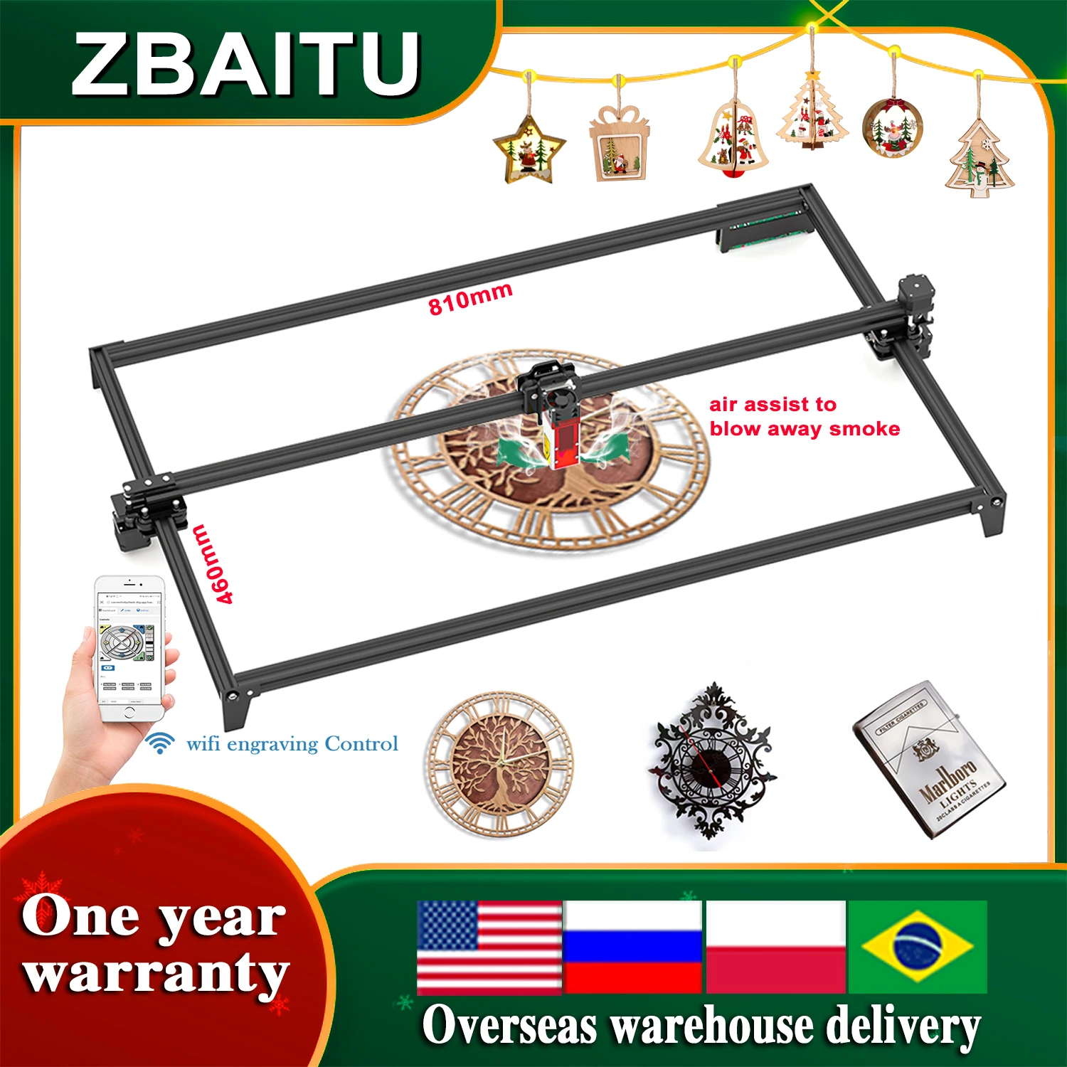 10W/20W Wireless Laser Engraver Cutter Wood Cutting Engraving Machine Router, ZBAITU 81X46/80x80  130W Air Assisted Laser Module