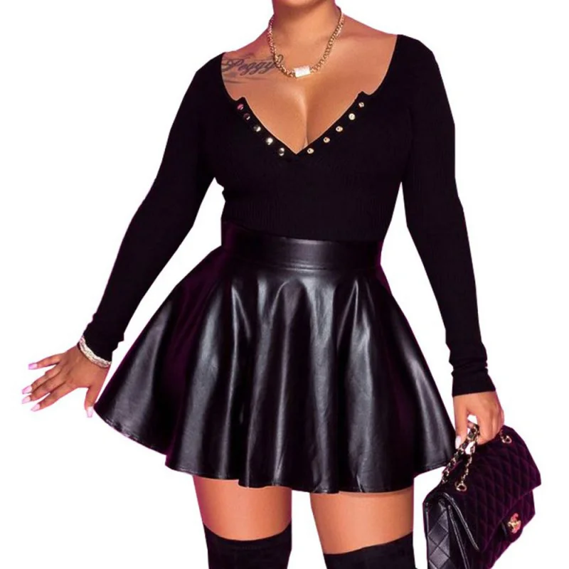 European and american women's clothing 2024Amazon Cross-Border Sexy Solid ColorPUSkirt Women's Skirt Mini skirt Umbrella