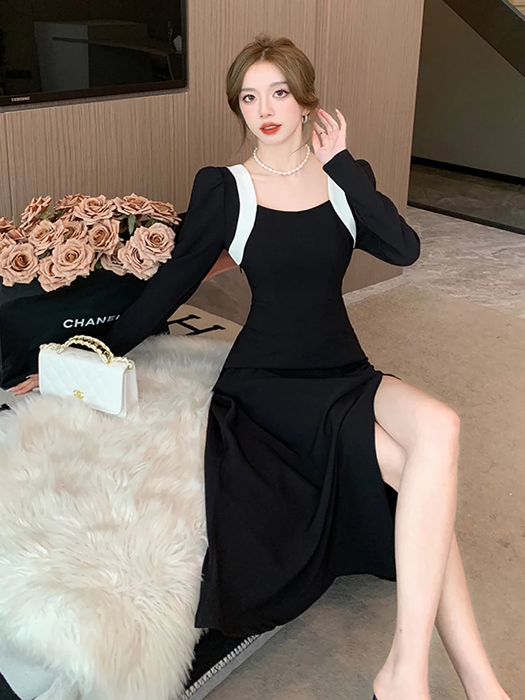 

Модные Элегантные Женские приталенные платья с длинным рукавом и квадратным вырезом и высокой талией, осенняя Офисная Женская одежда