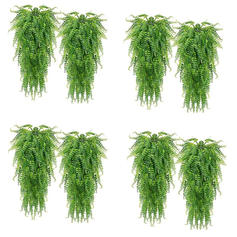 

8 Pcs Artificial Hanging Ferns Plants Vine Fake Ivy Boston Fern Hanging Plant Outdoor UV Resistant Plastic Plants