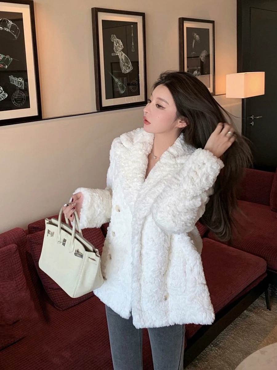 New Imitation Lamb Plush Coat Environmental Protection Faux Fur Winter Elegant Solid Color Long Sleeve Jacket Overcoat