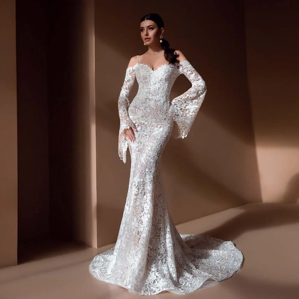

Classic Bridal Gowns 2022 New Sweetheart Off The Shoulder Zipper Bride Dress Lace Appliques Flare Sleeve Mermaid Wedding Dress