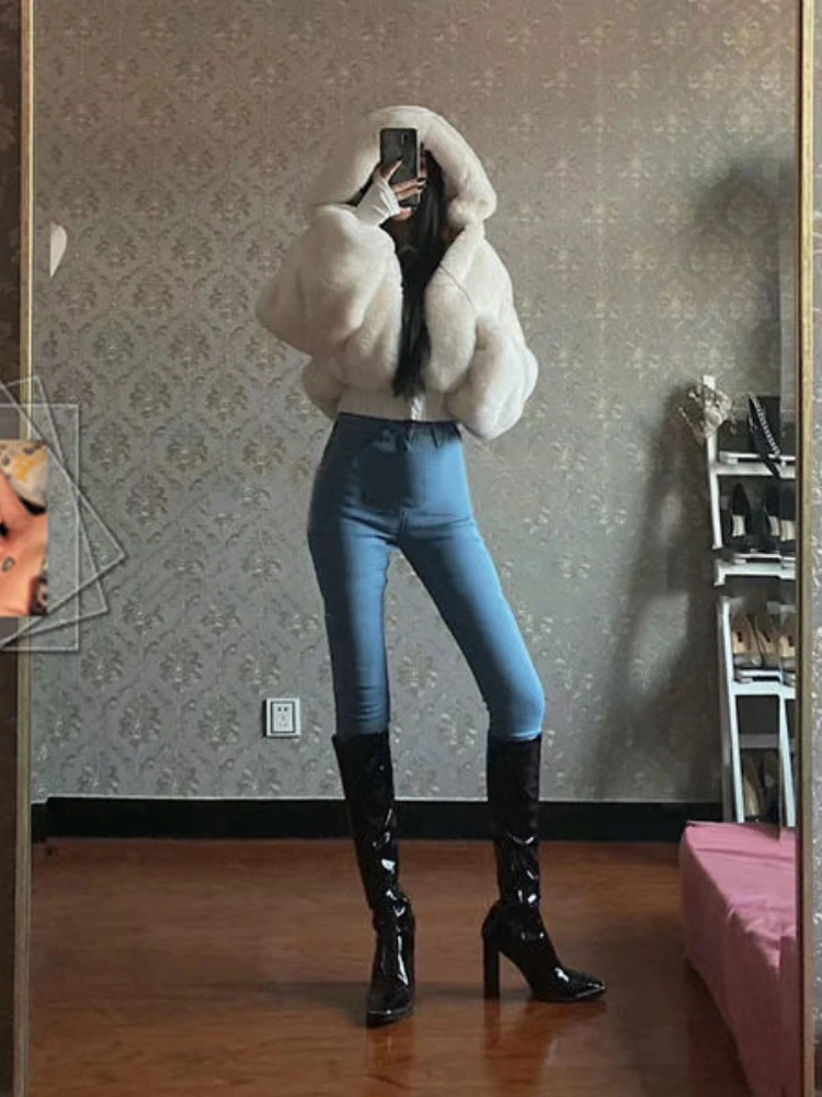Fashion Zipper Faux Fur Hooded Thickened Warm White Short Coats Women 2022 Autumn Winter Casual High Street fluffy Outfits