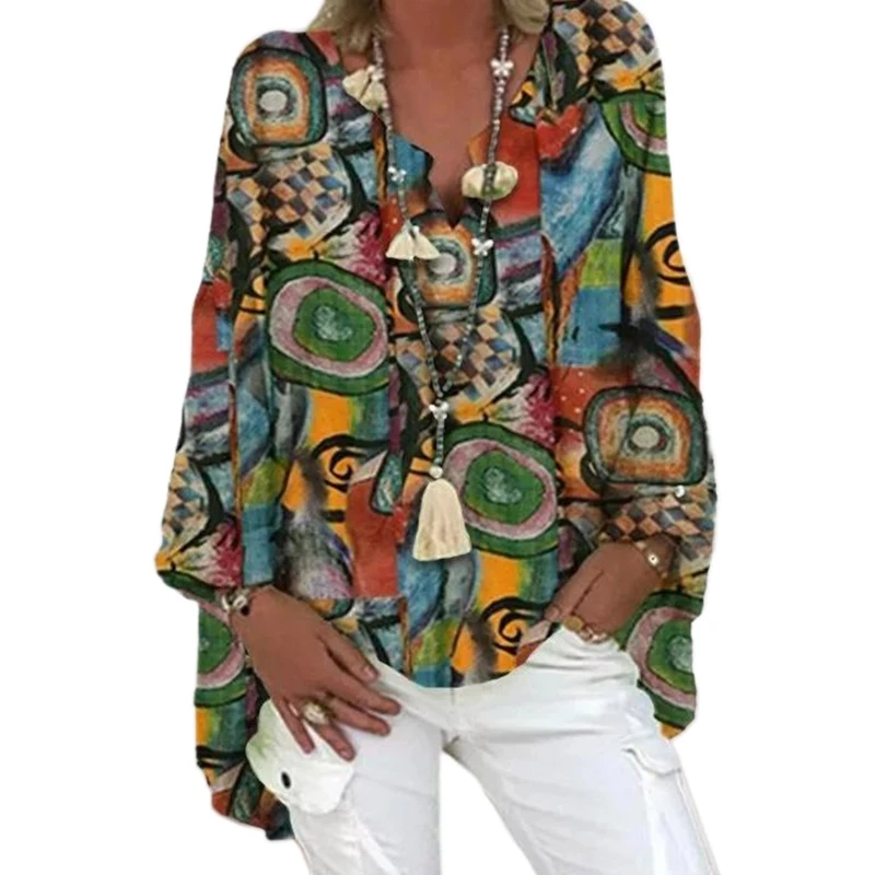

Women Long Sleeve V-Neck Shirts Boho Ethnic Colorful Abstract Geometric Print Oversize Loose Pullover Tunic Blouse Tops