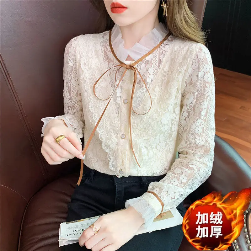 

Long Sleeve Warm Shirt Underwear Blouse Mujer Womens Tops Winter Fleece-Lined Lace Shirt Stand Collar Top Women