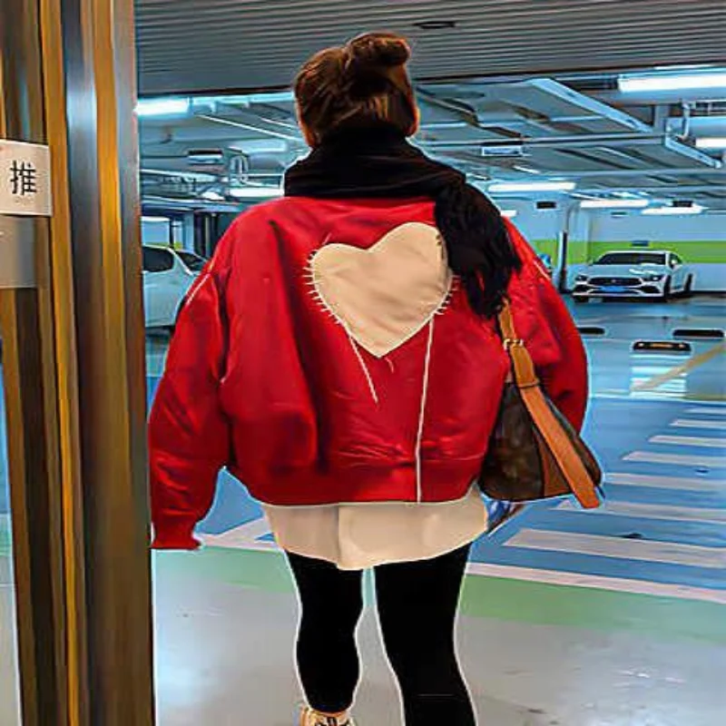

Red Baseball Jacket Love Print Women Windbreaker Fall and Winter 2023 Casual Top Short Long Sleeve Zipper Jacket Fashion Pilot