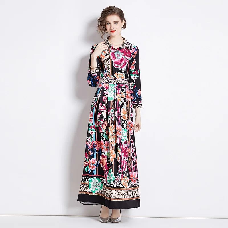 

Женское модельное платье-рубашка макси, винтажное платье с длинным рукавом, отложным воротником и цветочным принтом, праздничное платье Бохо с высокой талией