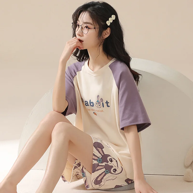 Cotton Pajamas Forwomen's Summer Thin Short-sleeved Shorts Sweet Cartoon Home Service Suit Breathable and Comfortable Loungewear