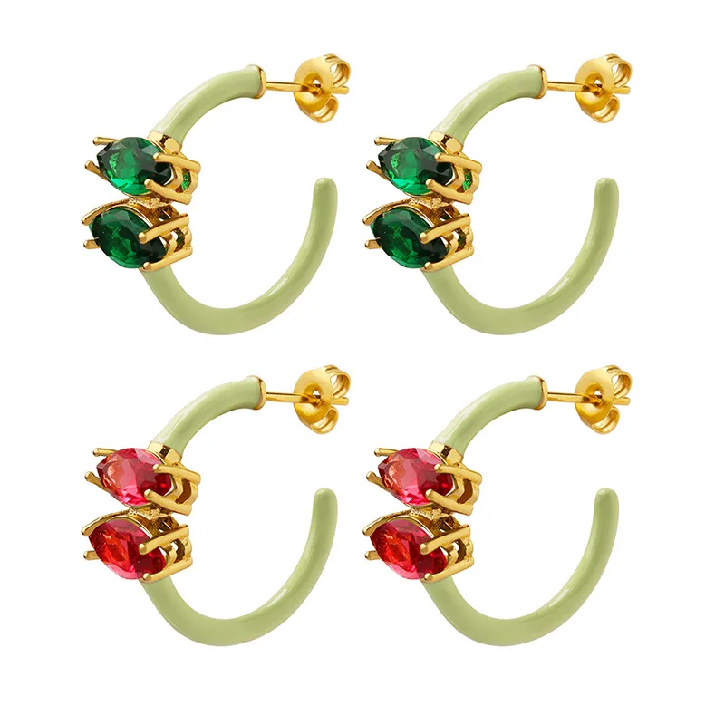

INS Sweet Versatile Red Green Zircon Drop Glue C Shaped Stud Earring Women Female Party Stainless Steel Jewelry Trendy Wholesale
