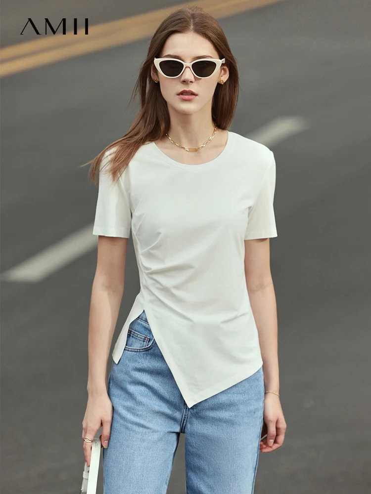 

Amii Minimalist Spring Summer Tshirt For Women Oneck Solid Asymmetric Tees Tops Short Sleeve Clothing Female Tops 12240144