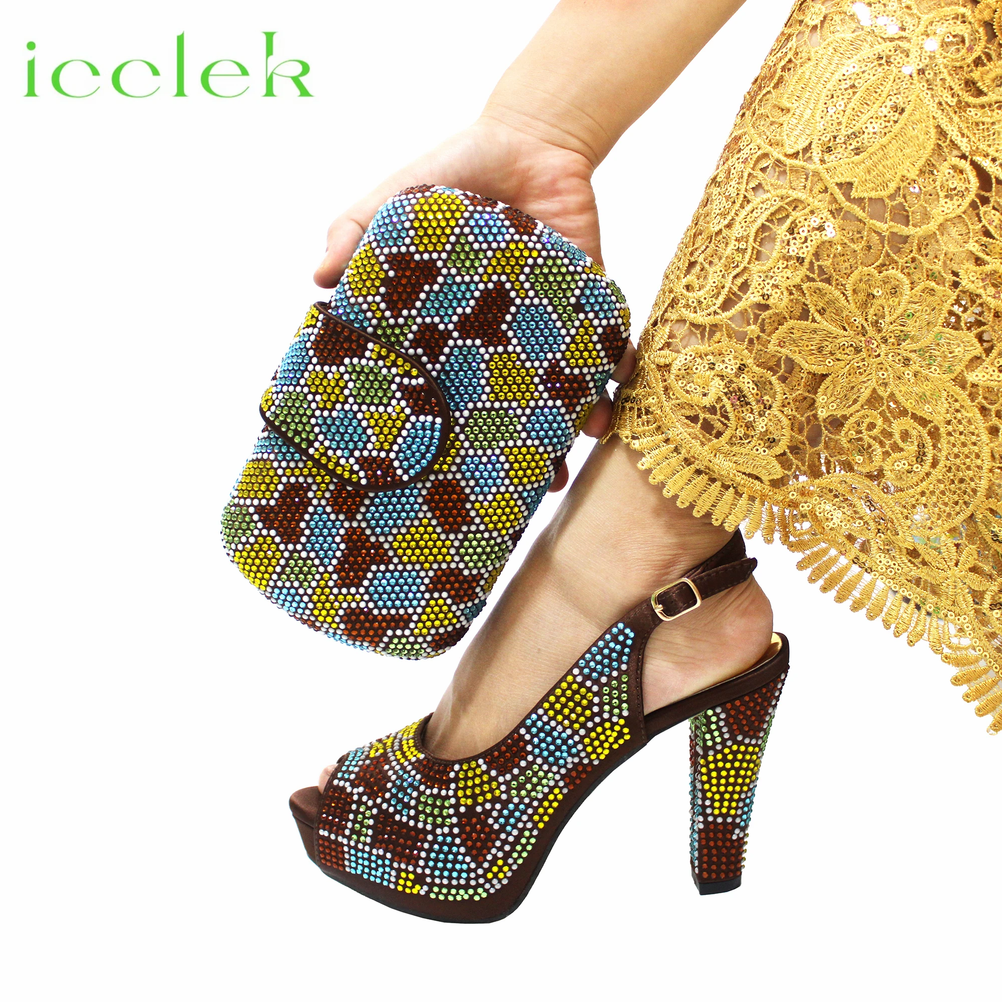 

2023 Nigerian High Quality Coffee Color Peep Toe Plafrom Design For Shoes Matching Bag Set For Women Wedding Party