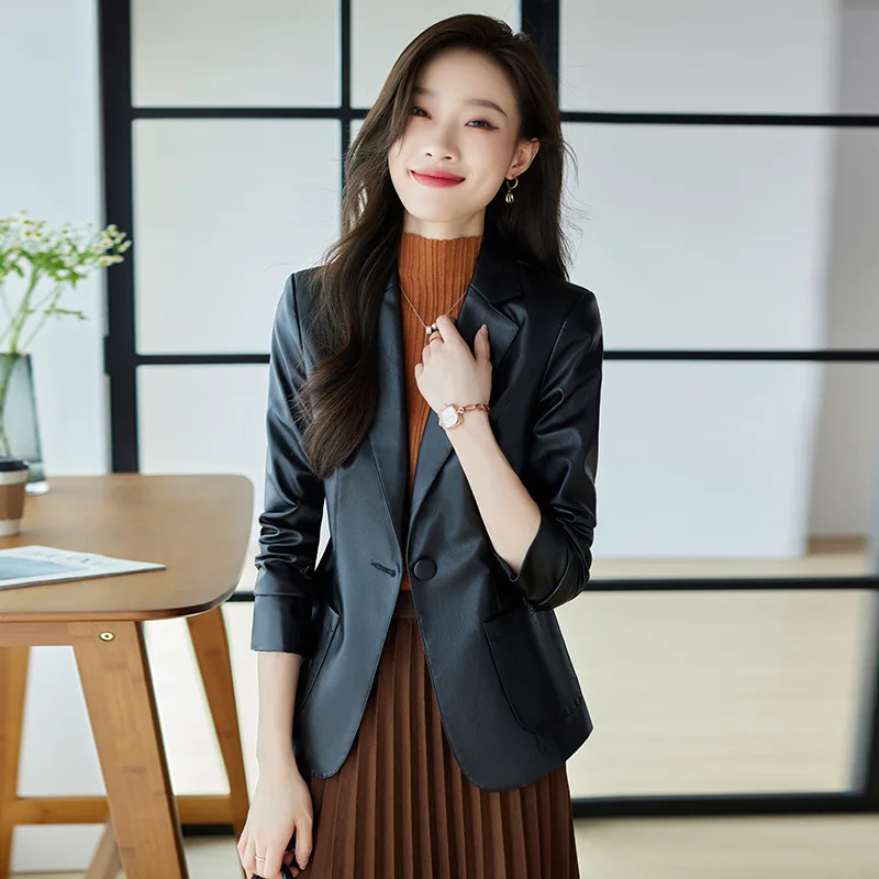 Coffee Color Leather Coat Skinny Suit Coat Women 2022 Autumn Korean Fashion Short Suit Coat Women Office Elegant Lady Suits