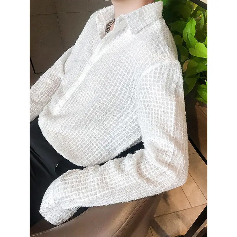 Men's Shirt Autumn Korea Ins Tide Fashionable Lattice Tweed Shirt Loose and Simple