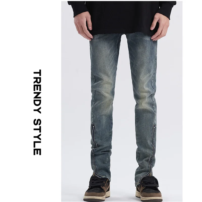 Men's Wear 2022 Autumn New Straight Cylinder Pattern Self-cultivation Lower Zipper Blue Pencil Pants Recreational Jeans Female