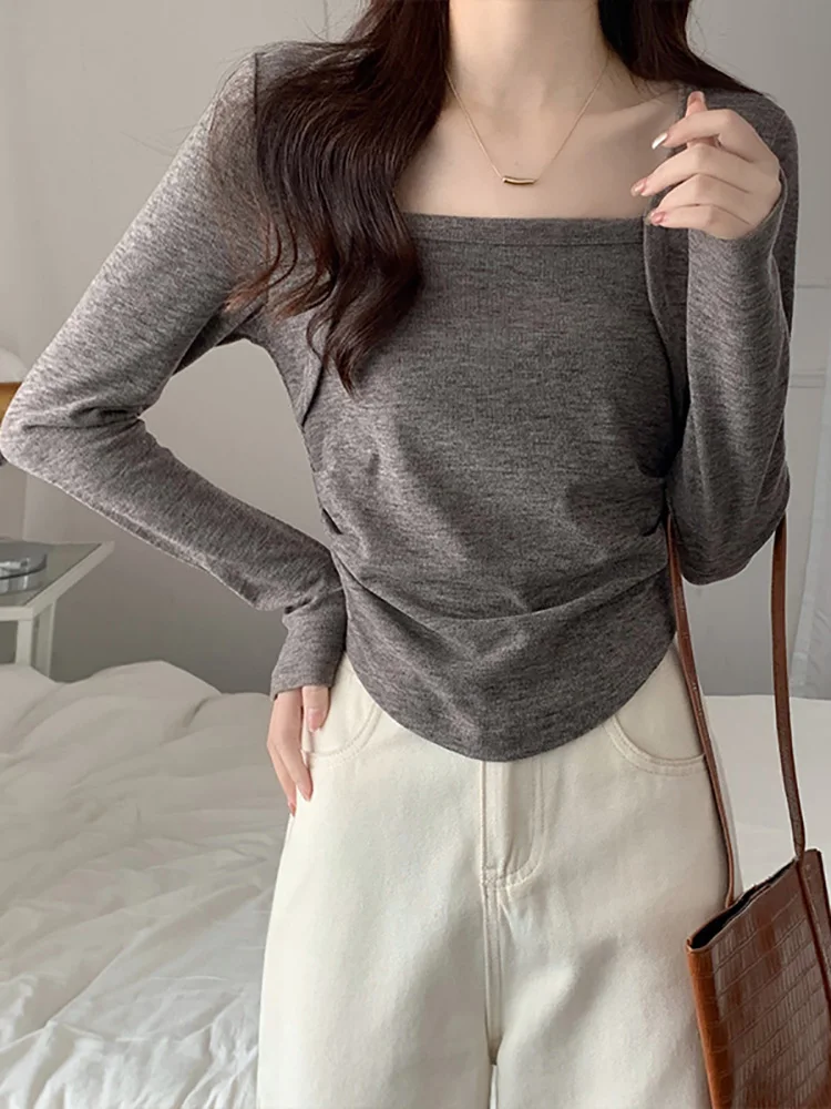 

Spring Autumn Long Sleeve Top Cotton Tshirt Women Short Style Slim Square Neck Black White T-shirts Female Casual Ladies Clothes