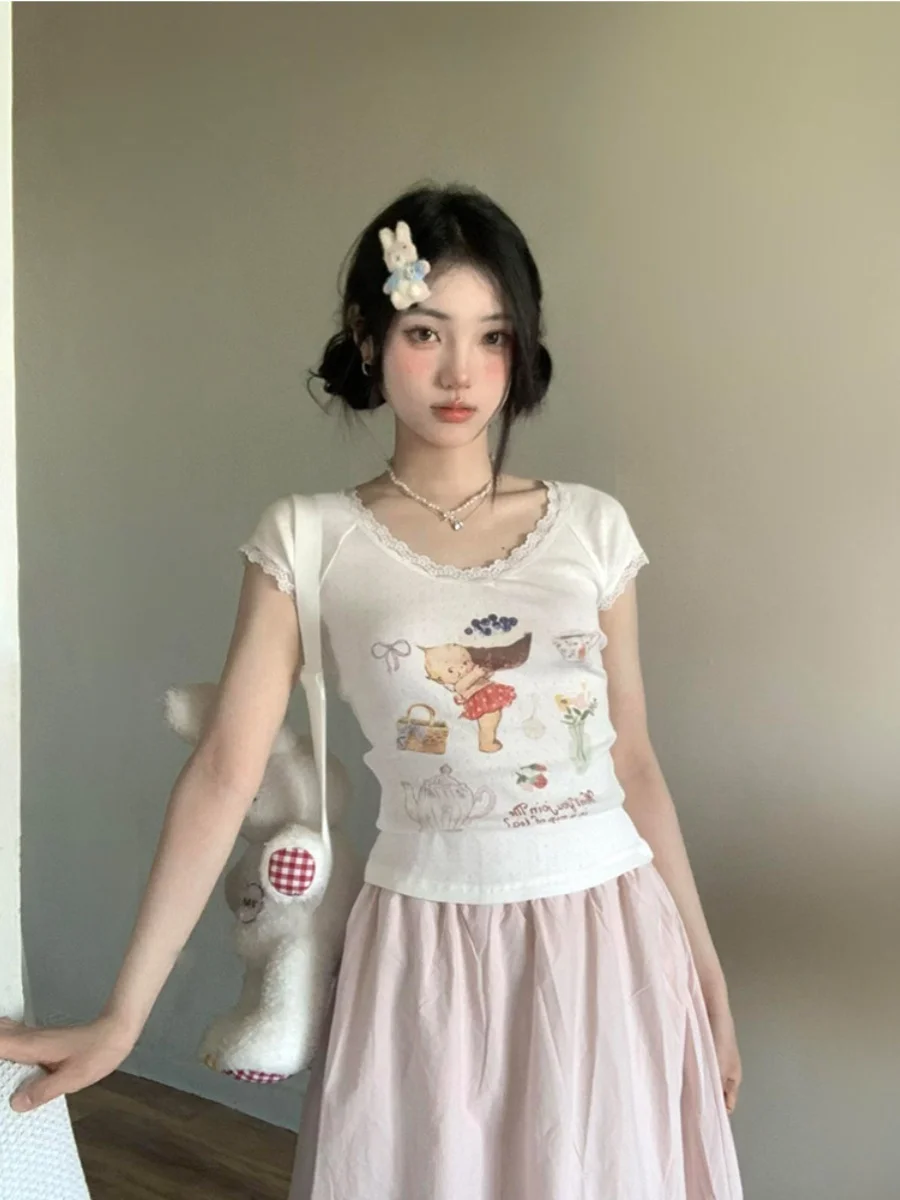 Кружевная кружевная милая футболка с короткими рукавами женская летняя