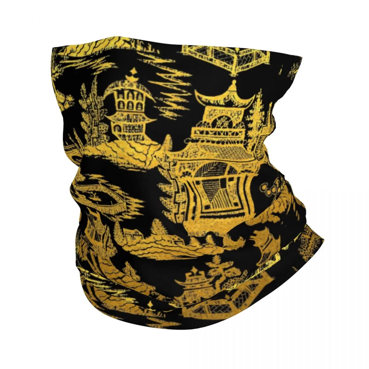 

Gold Black Chinoiserie Pagoda Neck Gaiter Women Men UV Protection Winter Chinese Willow Pattern Bandana Scarf for Cycling