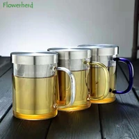 glass three piece tea cup stainless steel liner filter belt thickened intuition cup household glass flower tea cup glass cup set