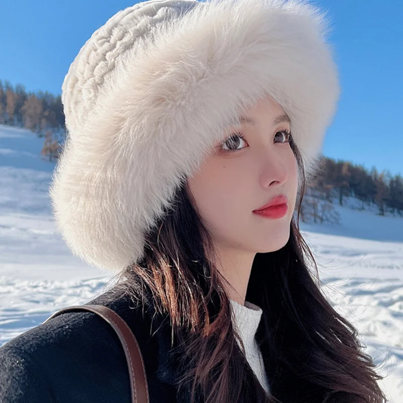 

Rex Rabbit Hair Hat Women With Fox Hair Fashionable Winter Fisherman's Hat Temperament Warm Soft Fluffy Natural Fur Beanies