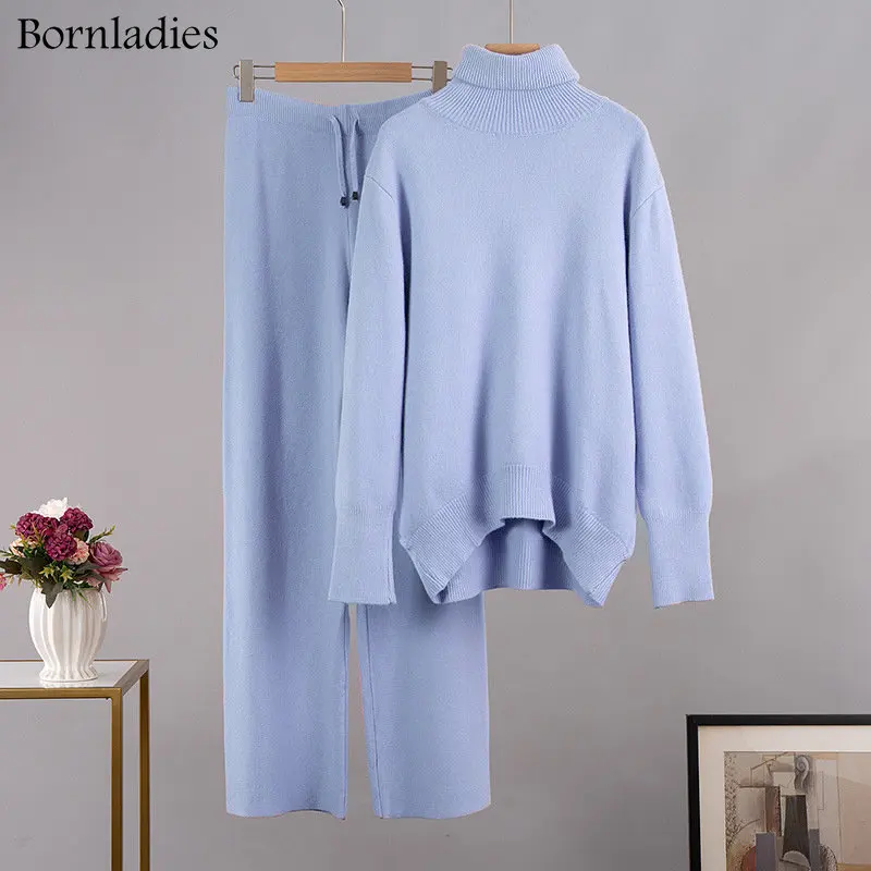 Bornladies вязаный комплект с высоким воротником женский свободный свитер + широкие