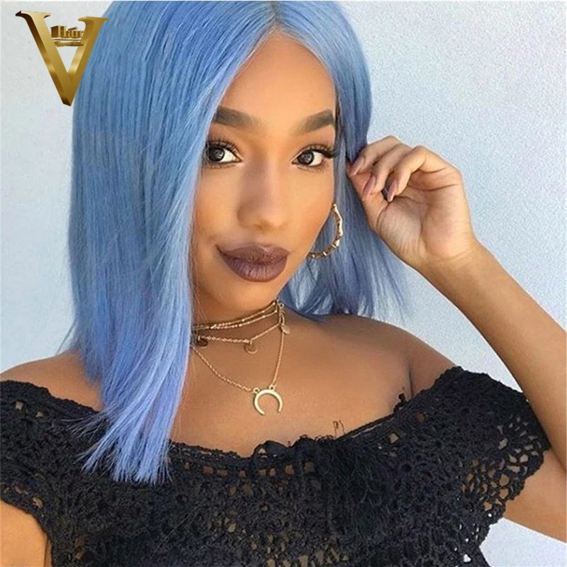 Парик женский прямой из натуральных волос светло-голубого цвета 30 дюймов 13x4