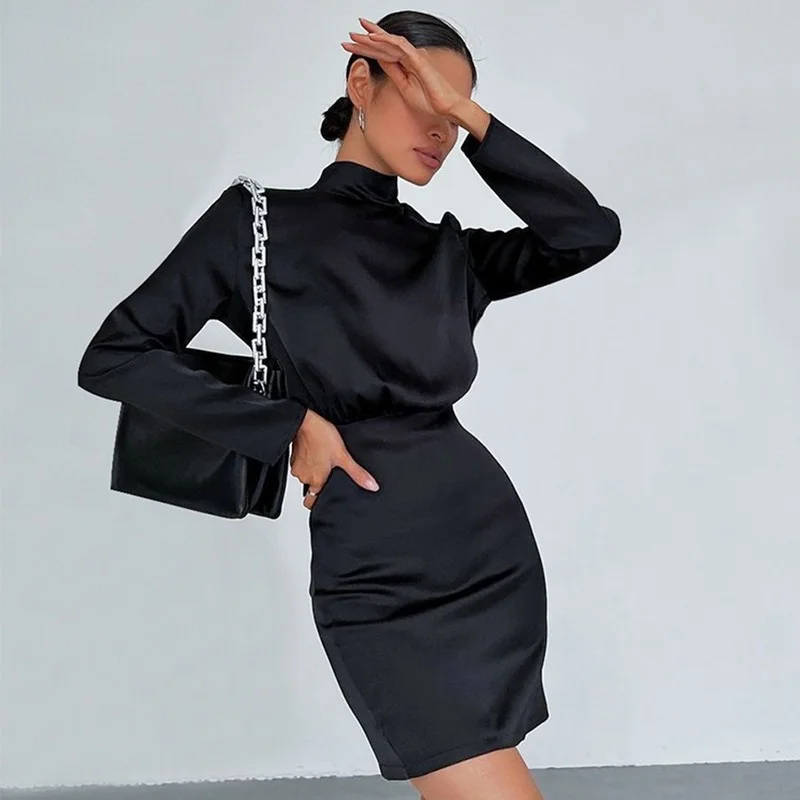 

2022 Spring Long Sleeve Black Dresses for Women Bodycon Sexy Evening Dress Satin Elegant Commuting Skirt French Style Party Gown