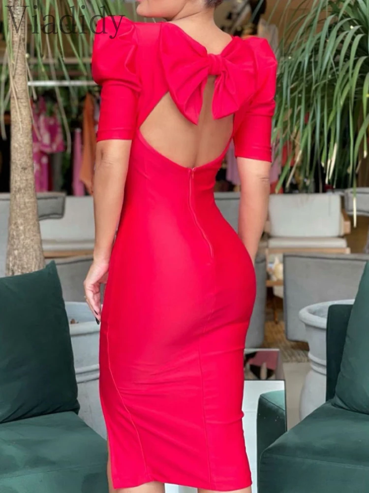 

Women Puff Sleeve Bowknot Backless Split Hem Bodycon Dress