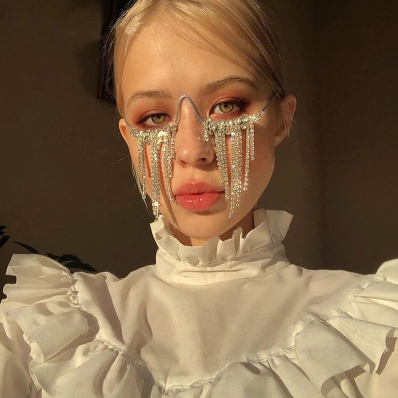 

New Diamond Steampunk Sunglasses Men Vintage Rhinestone Tassel Chain Wave Glasses Women Accessories Frames Eyewear Decoration