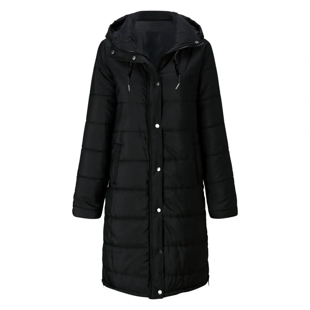 Long Sleeve Pockets Buttons Zipper Placket Thickened Striped Quilted Women Coat Winter Solid Color Hooded Mid-length Down Jacket