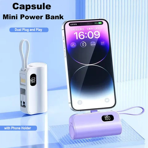 Мини-Power Bank емкостью 5000 мАч с USB-кабелем, портативное зарядное устройство с двумя разъемами, внешний аккумулятор Powerbank для iPhone 17, Samsung, Huawei, Xiaomi