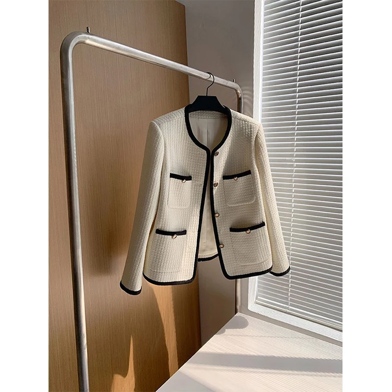 Женская твидовая куртка MEXZT Элегантная черная укороченная стеганая винтажная