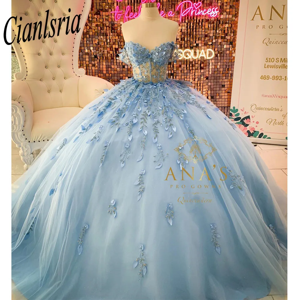 

Бальное платье небесно-голубого цвета, платья Quinceanera с открытыми плечами и аппликацией из бисера, милое платье 16, платья 15 лет 2023