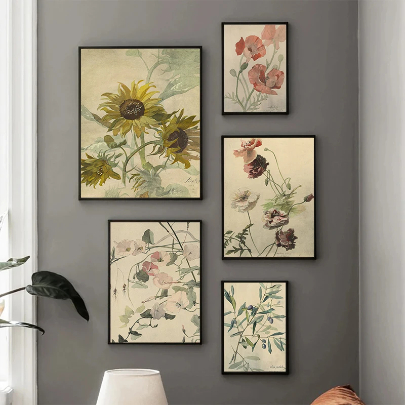 Ретро цветочный подсолнух оливковая ветка завязанный цветок холст постер темный