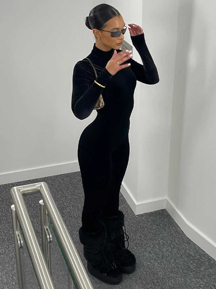 Ladies Sexy Club Wear Y2K Clothes Velvet Long Sleeve Bodycon Skinny Jumpsuit For Women 2023 Sporty Streetwear Romper Fall Outfit