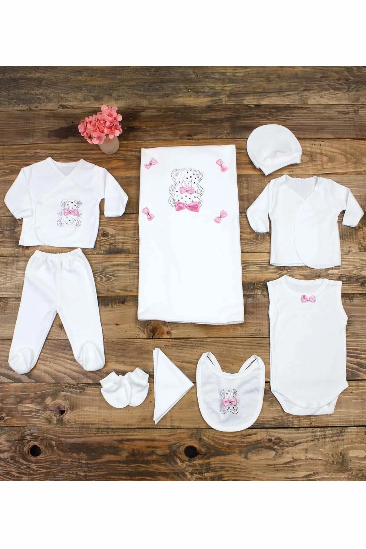 

Комбинезон детский, хлопковый, с вышивкой в виде мишки, розовый