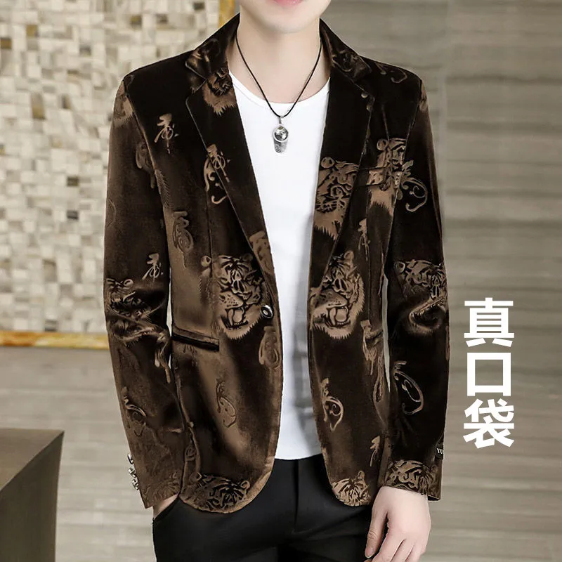 

Мужской новый бархатный костюм HOO 2022 с принтом перьев, дракона, тигра, повседневный блейзер в стиле ретро