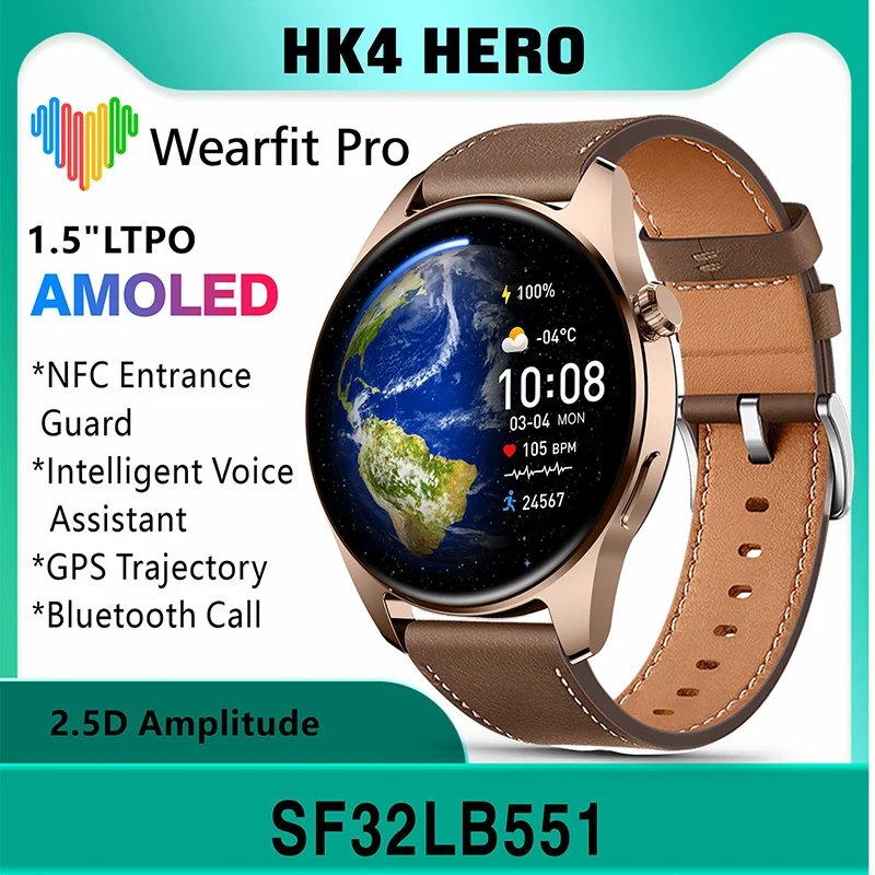 

HK4 Hero Men Smart Phone Watch 1.5LTPO AMOLED 2.5D Amplitude 480*580 HD Screen NFC GPS Track Bluetooth Call Compass Smartwatch