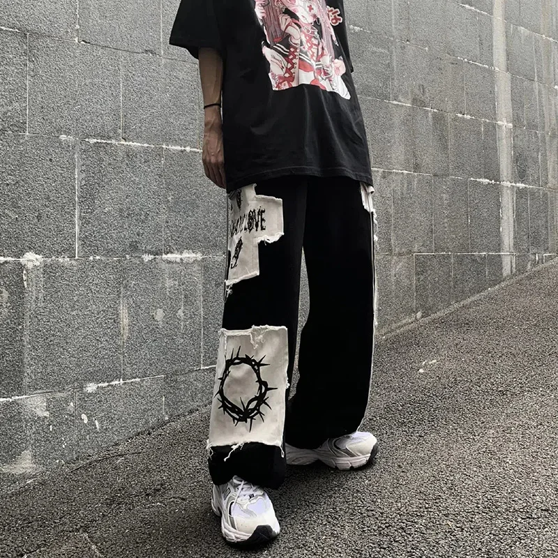 Gothic Punk Cargo Pants Anime Patch Pants For Men Women High Waist Black Trousers Wide-Leg Casual Pant Harajuku Y2k Male Bottoms