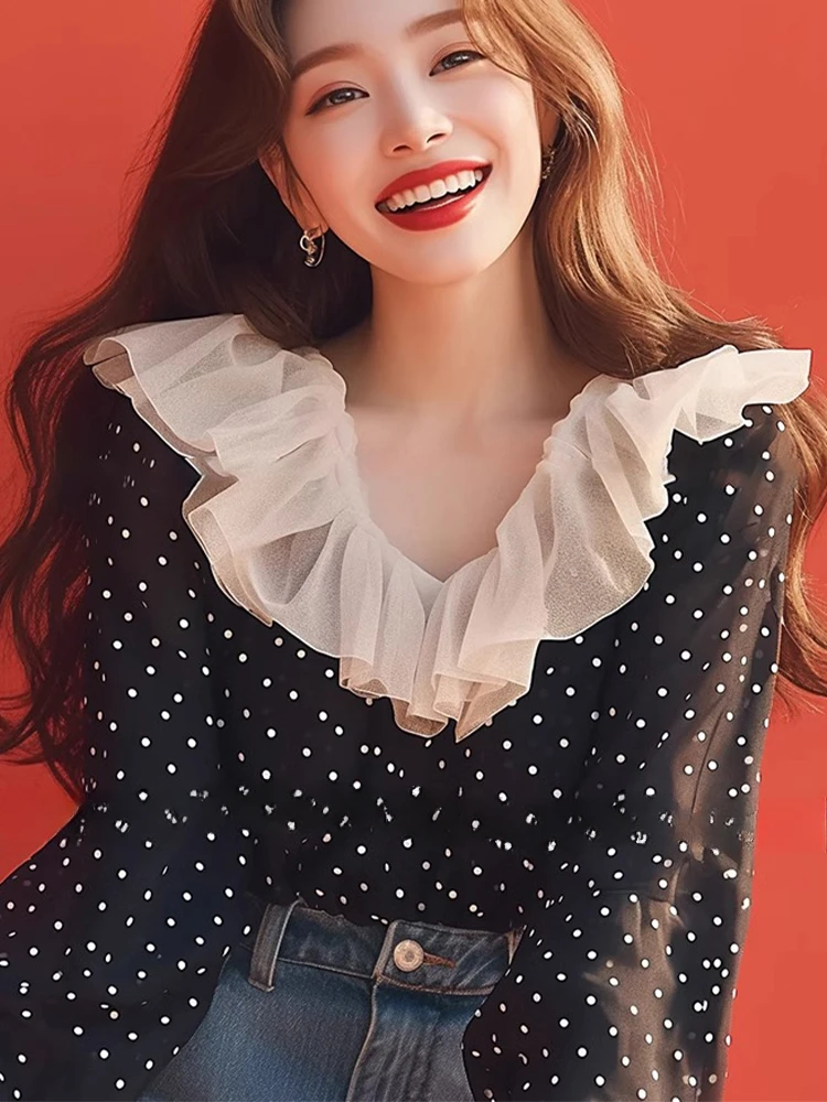 Шифоновые повседневные женские блузки весенне-осенние новые рубашки в горошек