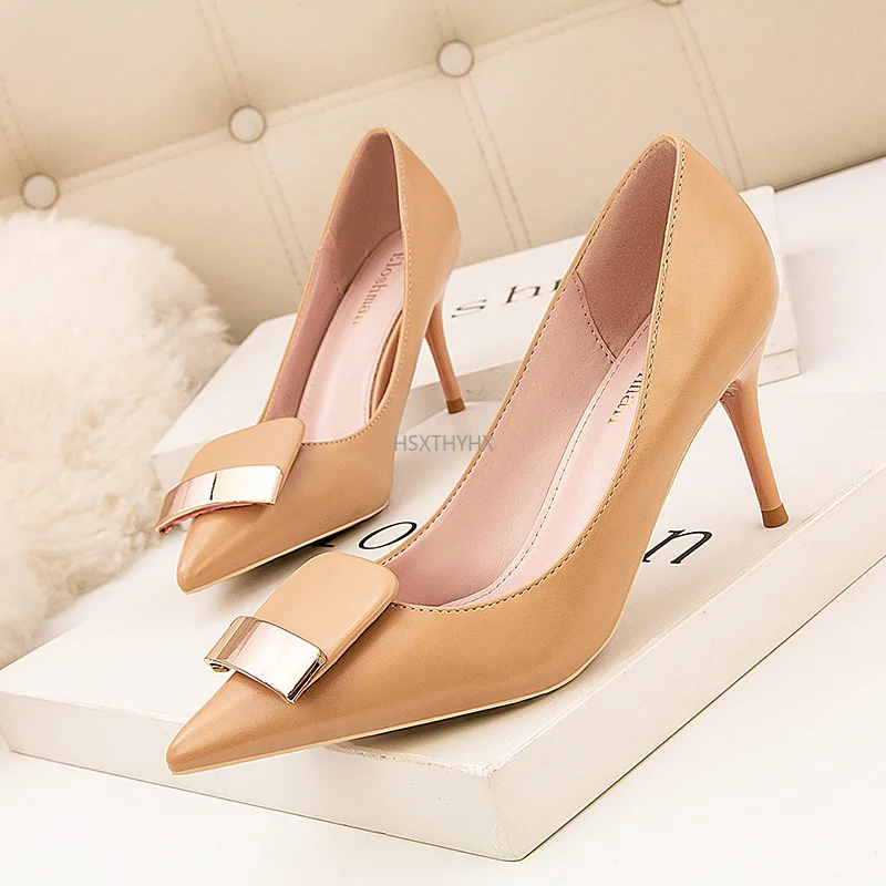 

Good Quality Women Solid Pumps Shoes Four Seasons Pointed-toe PU Leather Thin High Heels Lady Shallow Party Woman Female Shoes