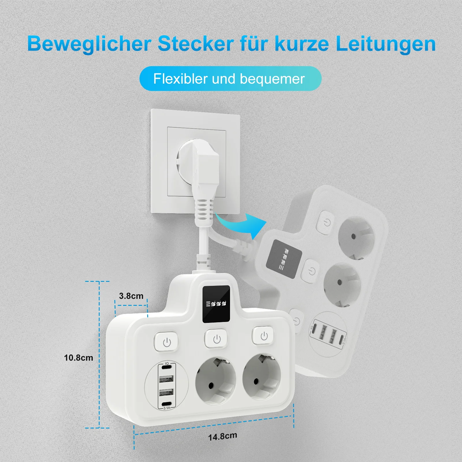 Евророзетка мощностью 3250 Вт с 2 USB-портами типа C